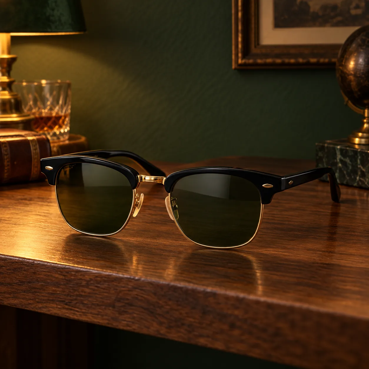 Occhiali da sole Portofino browline in acetato nero e metallo oro